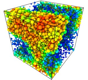 Gas-liquid phase separation in a highly polydisperse simulated fluid. Novel characterisation methods are used to study which particles end up where.